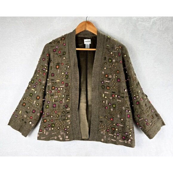 Chico's Jewel Open Front Blazer Sz S Beaded Evening Linen Metallic Thread - Picture 1 of 15